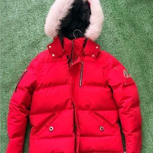 Red Puffer Moose Knuckles Jacket with Fur Hood